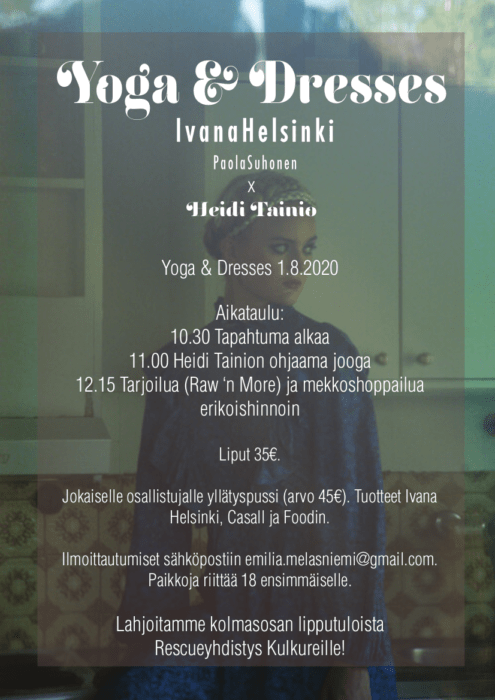 Ivana Helsingin Yoga & Dress -tapahtuman flyeri. Flyerin sisältö käy ilmi myös tekstissä.