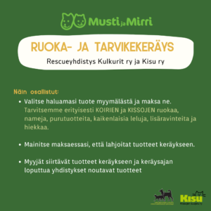 Ruoka- ja tarvikekeräys Rescueyhdistys Kulkurit ry X Kisu ry (2480 x 3508 px)